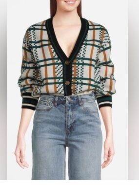 Scotch & Soda Cream Plaid V-Neck Cardigan with Green and Brown Accents